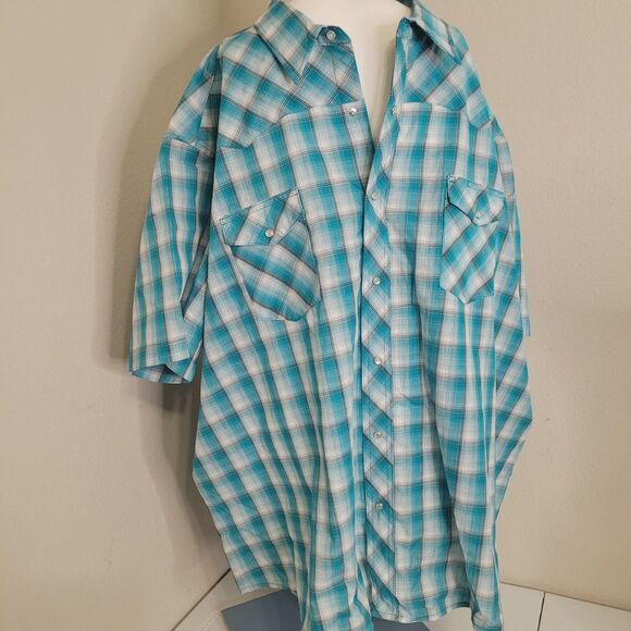 Wrangler size 4XL snap button front shirt top plaid blue pockets collar - Picture 5 of 12